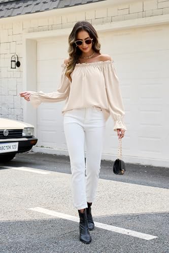 Halife Off The Shoulder Blouse Casual Long Sleeve Beige Loose Slouchy Baggy Tunic Shirts Womens Cute Summer Fall Outfits Apricot XL — view 5