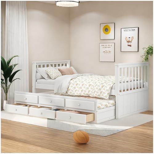 Racxily Cama Infantil con Cama Nido 90 x 200 cm (90 x 190 cm), Cama Individual con 3 cajones, literas Juveniles de Madera Maciza, Cama Montessori para niños, Blanco