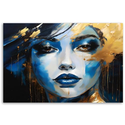 Pintura abstracta de mujer BOSKMS en tonos azules y dorados para salón (50x70 cm sin marco)