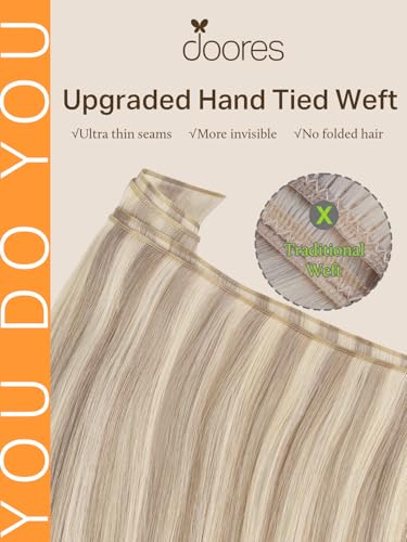 Image of DOORES Genius Sew in Weft Hair Extensions, Honey Blonde Highlight Platinum Blonde 22 Inch 60g Invisible Sew in Hair Extensions Hand Tied Remy Natural Looking