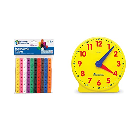 Image of Learning Resources Mathlink Cubes (Set of 100) & LER2095 Big Time Student, Teaching & Demonstration Clock, 12 Hour, Ages 5 12Hr, Multicoloured