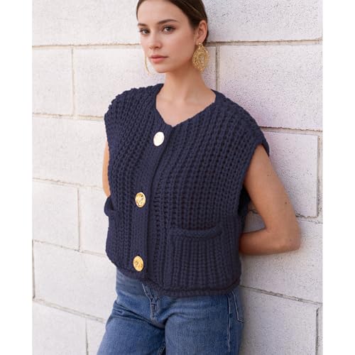 Image of Ainangua Sleeveless Cropped Cardigan for Women Casual Chunky Knit Tank Tops Button Down Open Front Sweater Vest with Pockets