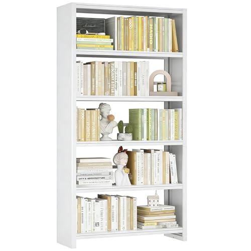 Image of VASAAOSD 5 Tier Book Shelf, 69.3 inch Tall White Bookshelves, Open Metal Bookshelf, Toolless Assembly White Shelves for Home Office, Living Room, Study