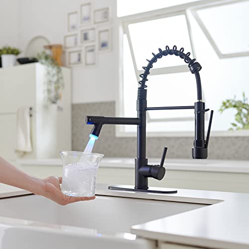 Bwe Matte Black Kitchen Faucet With Sprayer Modern Single Handle Pull Down Sprayer Commercial Spring Kitchen Sink Faucet With Led Light #TOP7