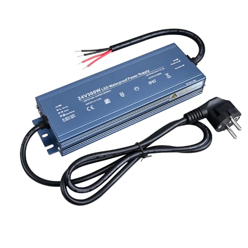 TOPAI LED Netzteil 24V 300W Wasserdicht IP67 LED Trafo 300 Watt mit Stecker Transformator AC 200V-240V auf DC 24V 12.5A Spannungswandler für Außen LED Streifen