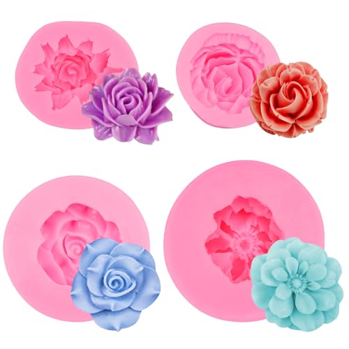 4 Stücke Silikonformen Blumen, 3D Silikonform Blumen, Kerzen Formen Silikon Blumen, Silikonformen Gießformen Blumen für Seife, Kerzen, Kuchen Dekoration Schokolade Handgemachte SüßIgkeit Herstellung