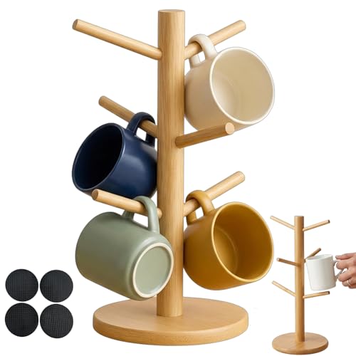QiiWuic Mug Tree 6 Mugs Wooden Mug Stand for Coffee Cup Organisation Space-Saving Kitchen Storage Solution Sturdy Mug Holder with Stable Base Design