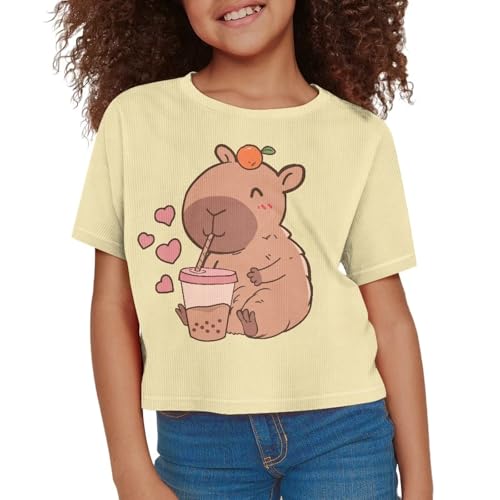 Girls Crop Tees Crew Neck Casual Short Sleeve T Shirts Kids Loose Soft Comfortable Tees Blouses Shirt for Little Girl