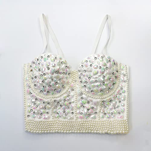 Veendeo Women's Rhinestone Bead Bustier Crop Top Club Party Glitter Corset Top Bra Vest (S, Silver) #TOP2