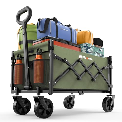 Collapsible Wagon with Wheels, 220 lbs Wagons Carts Foldable Wagon Cart with Flexible Handle, Lightweight Portable Folding Utility Grocery Shopping Cart for Grocery Sports Garden Camping, Green