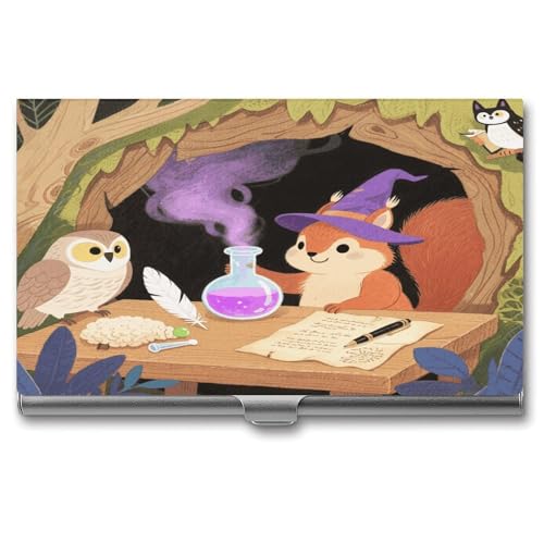 VstaDank Squirrel Wearing A Wizard Hat Business Card Holder Fashion Aluminum Alloy Flip Cover Credit Card Holder High End Professional Name Cards Case Exquisite Pocket Metal Cards Holder for Work
