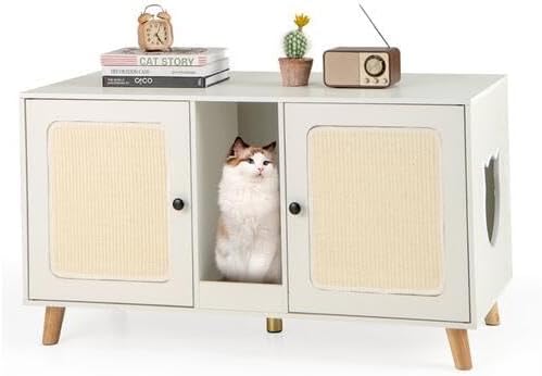 FANTASK Armario de Arena para Gatos, Armario con 2 Puertas y Tabla para rascar y 2 Alfombrillas rascadoras de sisal y Entrada, casa para 2 Gatos, Mesa Auxiliar, 108 x 50 x 60 cm (Blanco)