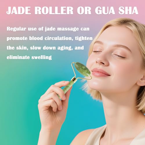 LSXKAMIX Jade Roller Gua Sha Tools - Nature Gua Sha Facial Tool Skin Tightening Face Massager Anti-Aging Jade Face Roller Puffiness Reducing Guasha Stone for Women Men（Green） - Thumbnail 2