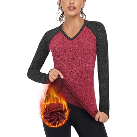 Soneven Long Sleeve Thermal Shirts for Women Fleece Lined Running Shirt Quick Dry Workout Tops for Women Compression Shirt V Neck with Thumb Holes Cover