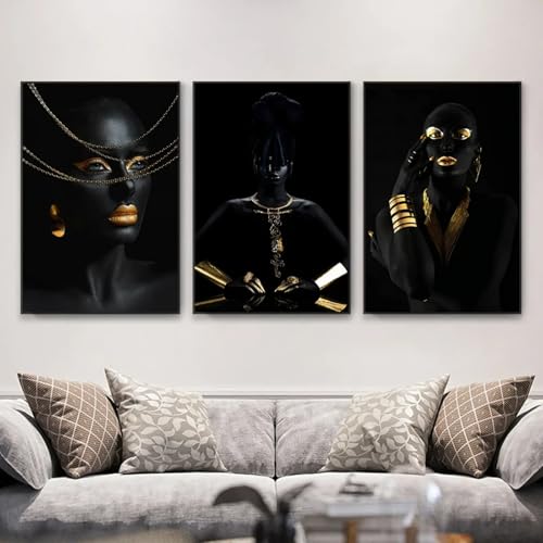 Art mural femme africaine en toile imprimée effet peinture à l'huile dorée