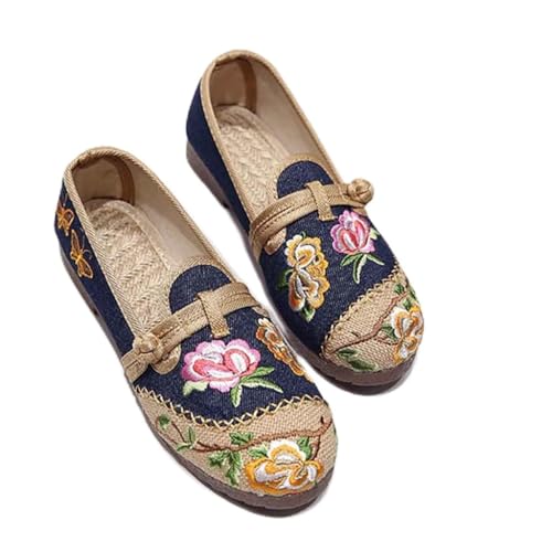 Chinese Beijing Embroidered Women Handmade Linen Canvas Embroidered Ladies Casual Knitted Espadrilles Flat Shoes (Color : Red, Size : Code 38) (Blue Code 40)