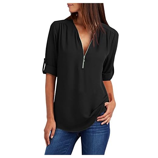 Yuson Girl Donne Camicette Manica Lunga Camicie Scollo a V con Cerniera Casual Bluse e Camicie Eleganti Shirt Tinta Unita Puro Colore Tops(Nero, M)