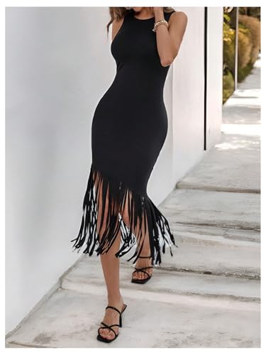 SweatyRocks Women's Fringe Bodycon Midi Dresses Crew Neck Sleeveless Going Out Slim Fit Sundress4