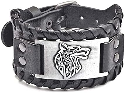 Daimay 2PCS Mens Leather Bracelet Punk Braided Rope Alloy Bangle Wristband Bracelet Wide Leather Cuff Wrap Adjustable  Wolf Head Black and Brown