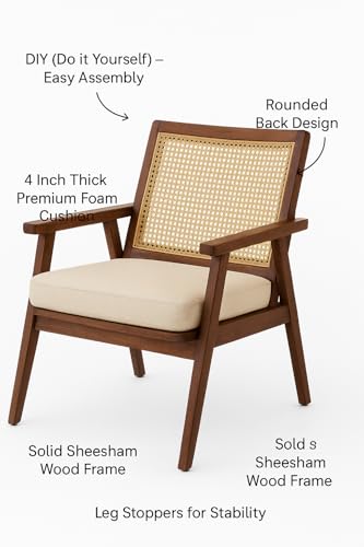Image of Solid Wood Cane Lounge Chair | Handcrafted Wooden Armchair with Cushioned Seat | Premium Mid-Century Modern Accent Chair for Living Room, Balcony & Bedroom Walnut Finish