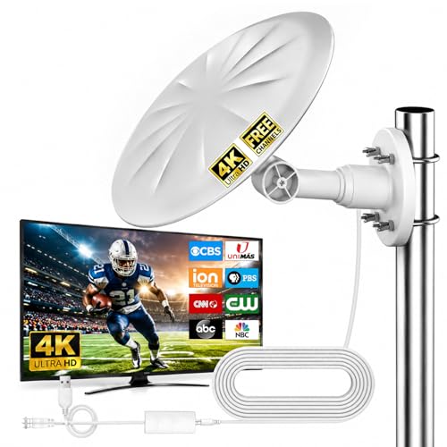 Outdoor TV Antenna for Smart TV, 360° Omni-Directional HDTV Antenna, UHF VHF Reception for Roof, Attic & RV, Supports 4K 1080P, Local Channels, 32.8ft Coaxial Cable, White