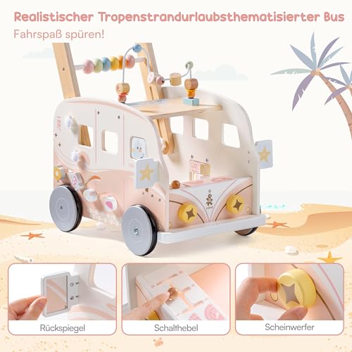 ROBUD Baby Lauflernhilfe Holz, Interaktiver Lauflernwagen, Einstellbare Geschwindigkeit & Höhe Baby Walker, Motorikspielzeug Geschenk für Kleinkinder ab 10 Monaten-1-2 Jahren, Rosa
