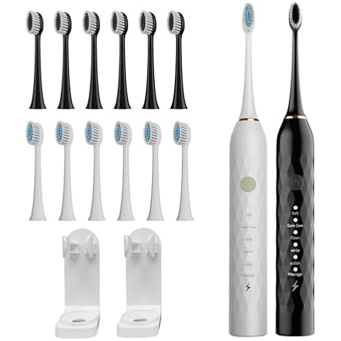 MAXWISDOM Electric Toothbrush 2 Pack - Electric Toothbrush for Adults with 10 Replacement Brush Heads, 2 Toothbrush Holders, 6 Modes, Smart Timer, 2 Hours Charge for 60 Days (Black & White) Cover
