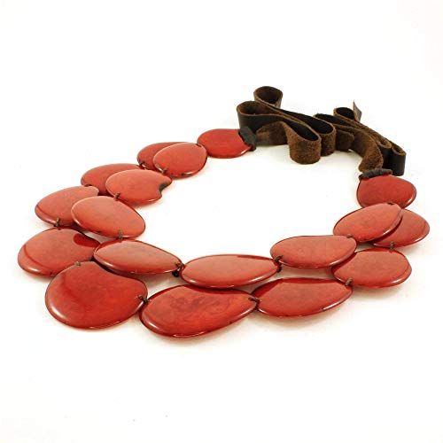 Red Statement Bib Necklace with Chunky Tagua Nut, Handmade Beaded Costume Jewelry for Women
