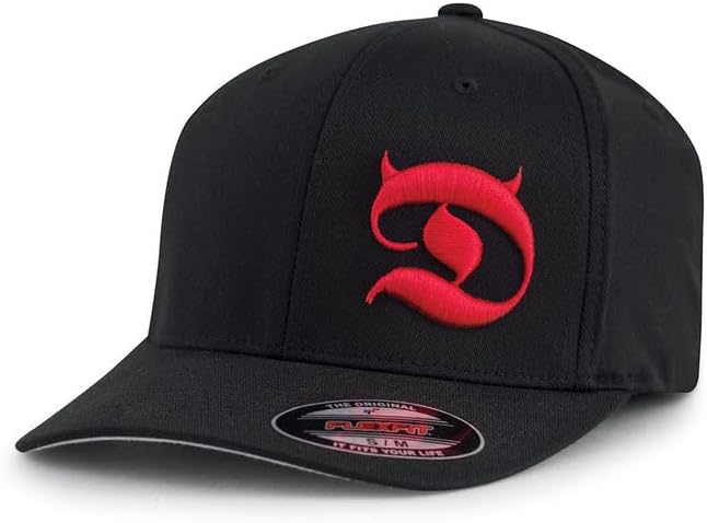 - Horned D 6-Panel Men's Cap – Baseball Hat w/ Curved Bill, Red Front & Back Embroidery Design, True Fit - Black