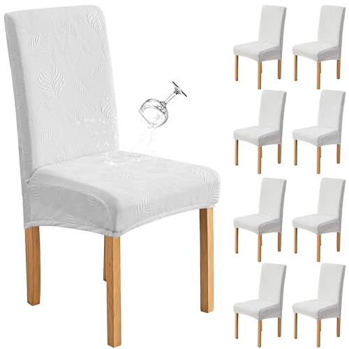 Image of Genina Waterproof Dining Chair Cover Set of 8,Kitchen Chair Cover,White | Stretch Dining Room Chair Slipcovers with Leaf Jacquard,Removable Kitchen Chair Protector for Home,Restaurant,Banquet