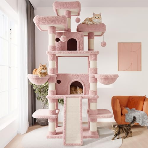 Image of SHA CERLIN 81 Inches Extra Large Cat Tree for Indoor Adult Cats /XXL Big Cat Tower with Condo /Cozy Perches /Sisal Scratching Posts and Hammocks /Activity Center /F80 /Heavy Duty /Pink