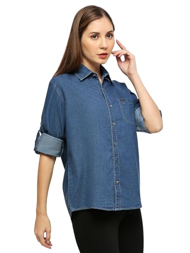 Image of Women's Denim Shirt with Roll-up Sleeves, Blue, 100% Cotton | Classic Denim Shirt | Shirt for Women Stylish Western | Beach Summer Shirt for Women