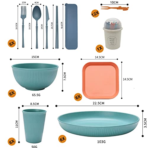 YEEBECA 67 Pieces Plastic Dinnerware Set for 6, BPA-free Unbreakable Dinnerware Set for 6 People, The Outdoor Camping Tableware Set in 6 Colors Suitable for Family Dinners - Dishwasher Safe