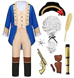Mecamelon Washington Costume Boys Hamilton American Colonial Patriot Uniform with Wig (Blue, 7-8 Years)
