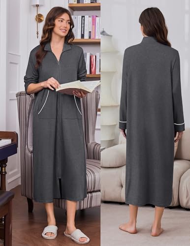 Image of Ekouaer Zipper Robes for Women Long Sleeve Lightweight House Coats with Pockets Zip Up Bathrobe Loungewear S-3XL