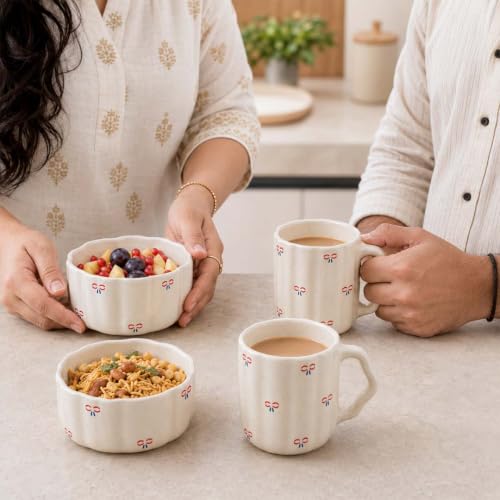 Image of The Earth Store Cream Bow 250ML Ceramic Bowl Set of 2 & 300ML Coffee Mug Set of 2 | Microwave & Dishwasher Safe Mug and Bowl Combo Set for Serving Tea Snack | Perfect for Gifting & Daily Use