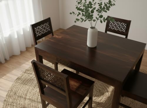 Image of RECTART Solid Wood Dining Table Set with Chairs for Living Room Home | Wooden Dining Room Sets Furniture for Hotels and Restaurants | (CNC-Top-W, 4 Seater)