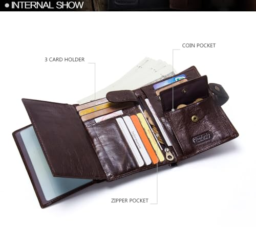 Image of Sam's Design Genuine Leather Wallet Trifold Wallet for Men Vintage Male Compact Purse Card Holder Small Wallet (Dark Brown)