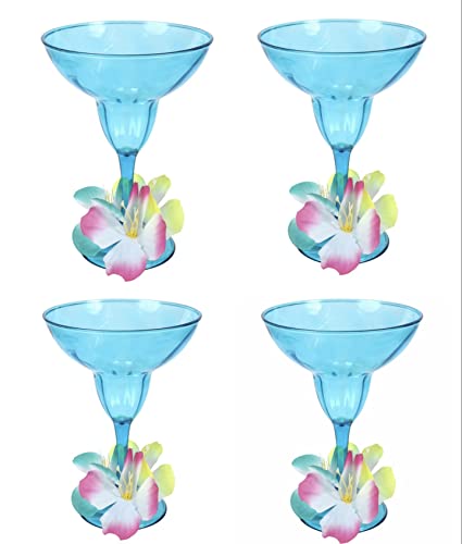 CABE Margarita Glasses With Hibiscus Flowers 15.9 oz Blue Plastic Luau Glass Set of 4 Summer Fun Party Drink (bundle KC Tingamajig)