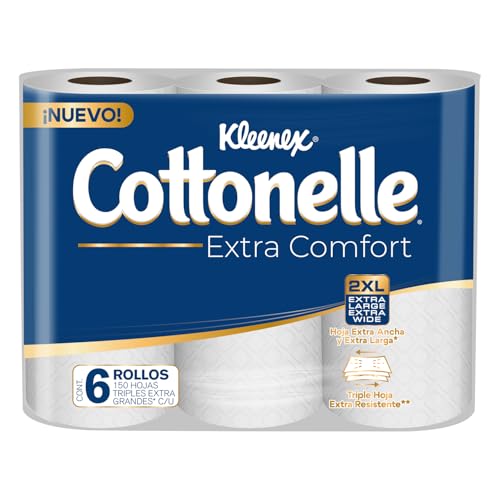 Kleenex Cottonelle, Extra Comfort, Papel Higiénico, Paquete de 6 rollos con 150 hojas triples 2XL, hoja extra larga y ancha