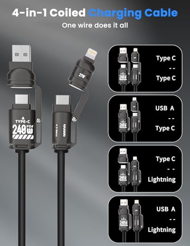 Image of Verilux 4-in-1 USB to Type C Cable for iPhone 17 /16 /15 /14, PD 240W Type C Cable Fast Charging with 480Mbps Data Transfer, Fashion Retractable Lighting Cable Design for Home, Travel, Office, Black