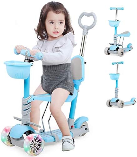 Hello-5ive 5-in-1 Kids Scooter, 3 Wheels Toddler Kick Scooter with LED Flashing Light UP Wheels, Removable Seat&Adjustable Handlebar&Push Handle, Lightweight Push Scooter for Age 1-8 Boys Girls