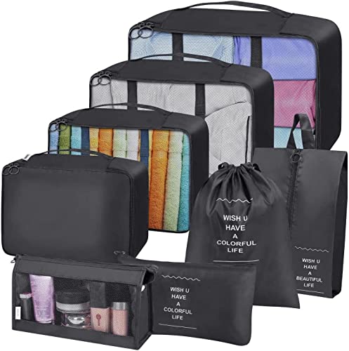 Packing Cubes for Suitcase, 8 PCS Travel Luggage Packing Organizers Waterproof Travel Essentials travel Suitcase Organiser Bags (Black)