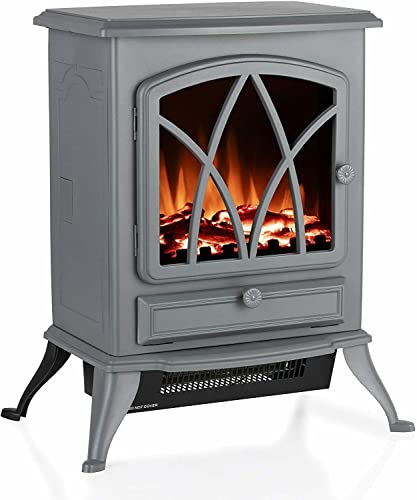 Warmlite WL46018G Stirling Portable Electric Fire Stove Heater with Realistic LED Flame Effect, Adjustable Thermostat, Overheat Protection, 2000W, Grey