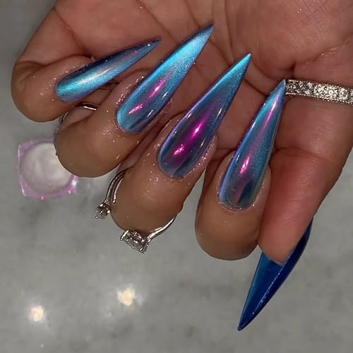 BABALAL Stiletto Press on Nails Long Fake Nails Blue Chrome Glue on Nail Cat Eye Bling Shiny False Acrylic Nails 24Pcs Goth Manicure Stick on Almond Glossy Artificial Gothic