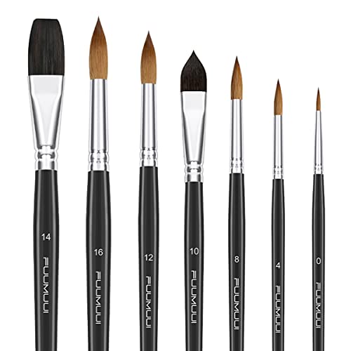 Fuumuui 5pcs Superior Sable Watercolor Paint Brushes + 2pcs Squirrel Hair Flat & Cat's Tongue Oval Wash Professional Watercolor Brushes Perfect for Watercolor Gouache Inks Painting