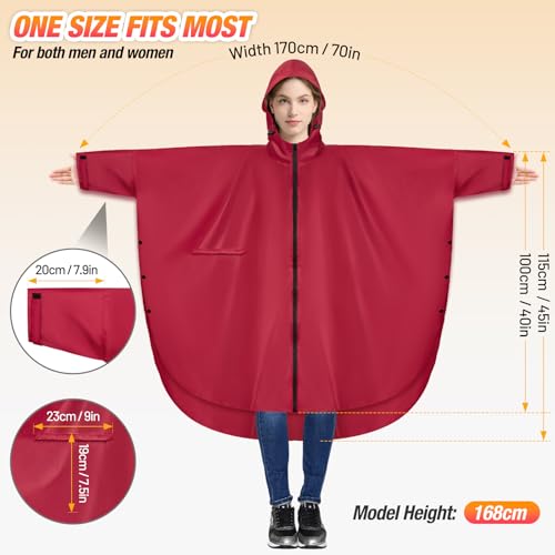 BTNEEU Regenponcho Damen Regencape Wasserdicht mit Reißverschluss Rain Poncho Festival Wiederverwendbar Regenmantel mit Kapuze und Ärmeln Regenjacke Fahrrad Lang für Wandern Camping Draussen (Rot)