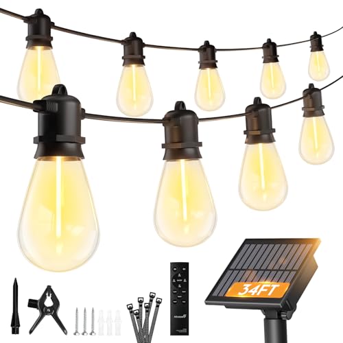Image of Minetom 34FT Solar String Lights Outdoor Waterproof, 9 LED S14 Shatterproof Bulb, Patio Lights with Remote Type-C Port Timable, 3 Light Modes Dimmable Solar String Lights for Outside, Yard, Camping