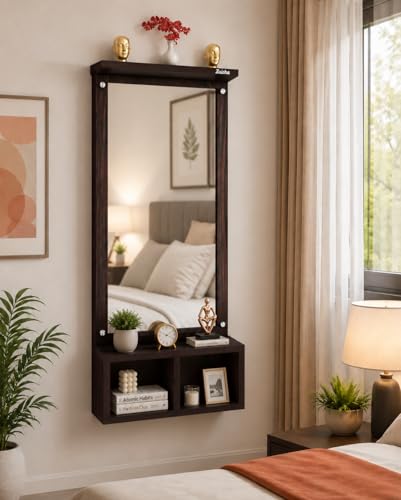 Image of Wooden Dressing with Storage Shelf for Bedroom, Modern Vanity Mirror Organizer, Stylish Bedroom Furniture for Makeup & Daily Essentials, Large HD Wall Mirror for Home Decor Dark Finish