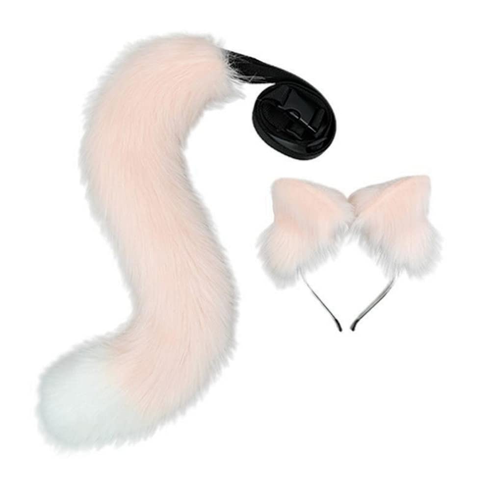 ansu Fox Dog Wolf Animal Cosplay Plush Furry Ears Headband And Tail Costume Plush Tail Props (Pink)